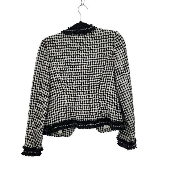WHBM  Womens Wool Blend Houndstooth Blazer Sz 2 Ruffle Chain Fringe Trim Black - Picture 9 of 15
